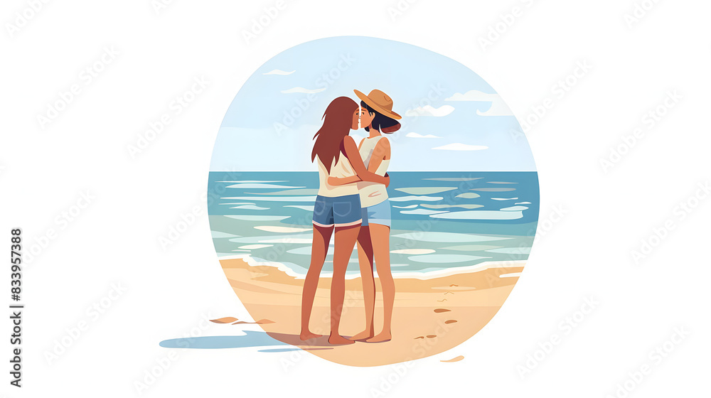Mom embracing the teen girl on the sandy beach isolated on white background, flat design, png
