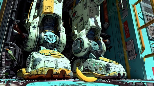 Futuristic robot legs standing with a banana peel on the floor, blending technology with humor in a vibrant setting.