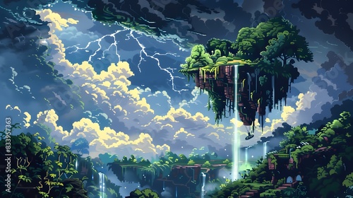 Stunning fantasy landscape with floating island, waterfall, and stormy sky. Perfect for creative backgrounds and imaginary worlds.