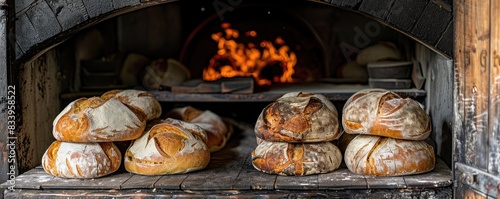 Freshly baked artisan bread loaves lined up in rows inside a warm glowing bakery oven.