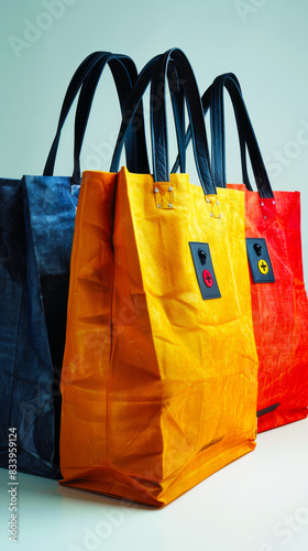 Colorful Shopping Bags Isolated on White Background, Eco-friendly Reusable Bags in Orange, Blue, and Red, Fashionable and Stylish Bags for Everyday Use or Shopping, Vertical Image