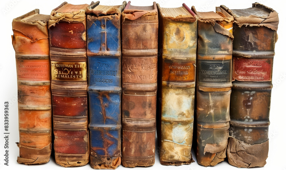 Antique Leather-Bound Books on White Background, Isolated Stack of Historical Vintage Literature, Worn Covers and Spines, Old and Rare Collectible Books for Learning, Study, and Decoration Antique Leather-Bound Books on White Background, Isolated Stack of Historical Vintage Literature, Worn Covers and Spines, Old and Rare Collectible Books for Learning, Study, and Decoration