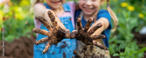 Joyful children with dirt-covered hands and faces express delight in nature play.