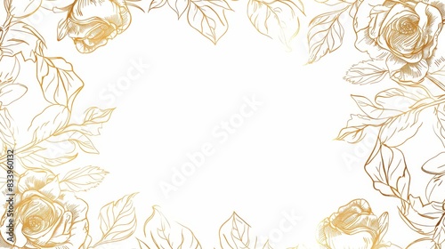 Rose floral, luxury botanical on white background vector, empty space in the middle to leave room for text or logo, gold line wallpaper, leaves, flower, foliage, hand drawn
