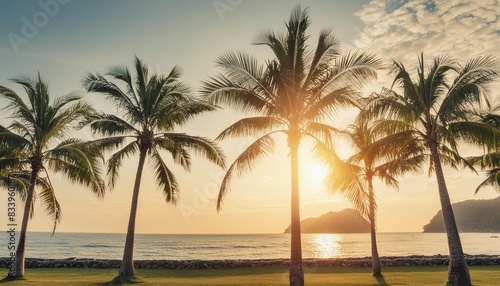 seamless border with palm trees and sun tropical summer beach and sunset background generative ai