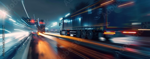 A long-exposure shot of a truck moving swiftly on a highway with light trails under the night sky. photo