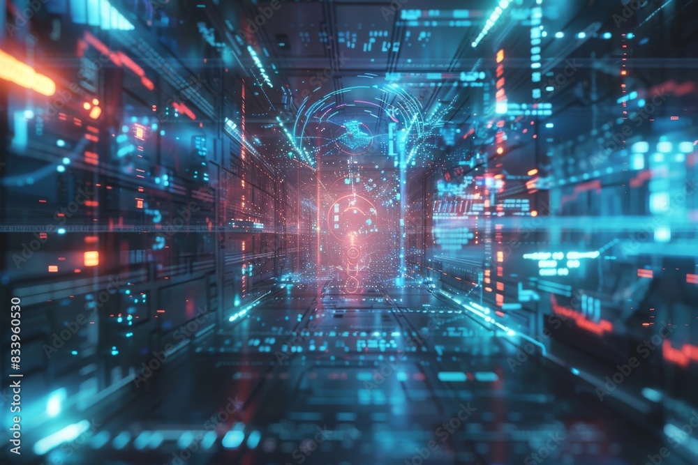 Fototapeta premium Step into a mesmerizing 3D environment, filled with holographic projections and ethereal light effects, where innovation and wonder merge.