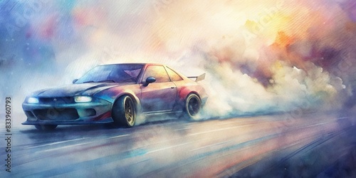 Blurred image of race drift car with burning tire smoke on speed track , car, burnout, wheels, tire, white smoke, blurred, diffusion, race, drift, speed track, generative AI, watercolor © artsakon