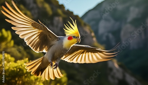 cockatiel flying in the wild photorealistic photo