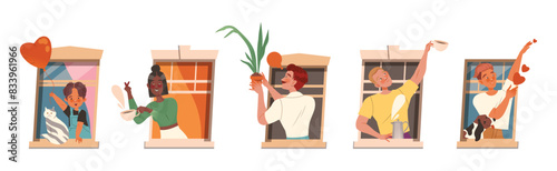 Man and Woman Character in Open Window as Neighbor Vector Illustration Set