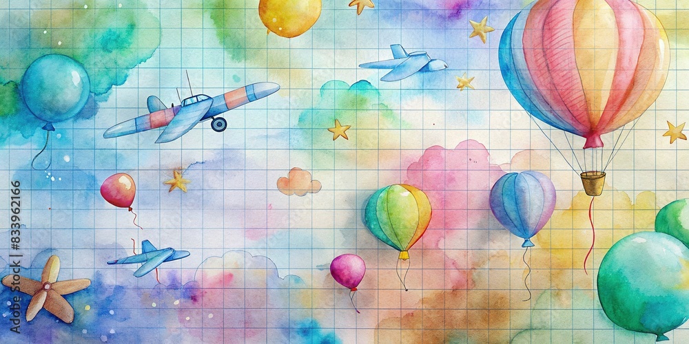 Colorful paper balloons and airplanes flying on a school notebook ...