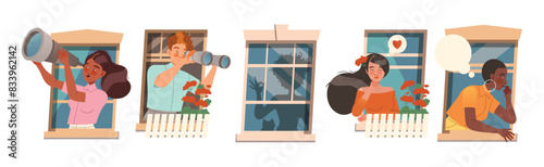 Man and Woman Character in Open Window as Neighbor Vector Illustration Set