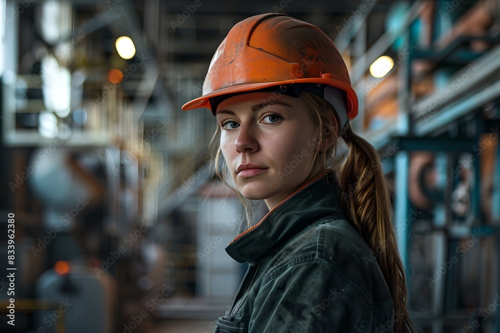 Serious female industrial worker in a factory. Portrait of woman. Industry manufacturing and production concept. Industrial specialist. Design for banner, poster with copy space Serious female industrial worker in a factory. Portrait of woman. Industry manufacturing and production concept. Industrial specialist. Design for banner, poster with copy space