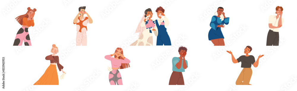 Man and Woman Character Crying, Weeping and Sobbing from Sorrow and Happiness Vector Illustration Set Man and Woman Character Crying, Weeping and Sobbing from Sorrow and Happiness Vector Illustration Set