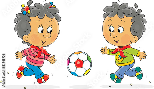 Funny little girl and boy merrily running and playing with a colorful ball on a playground in a park, vector cartoon illustration on white
