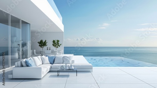 Wide view outdoor terrace Modern white living room blue sofa with infinity pool in front of beautiful sea  Postproducted generative AI illustration.