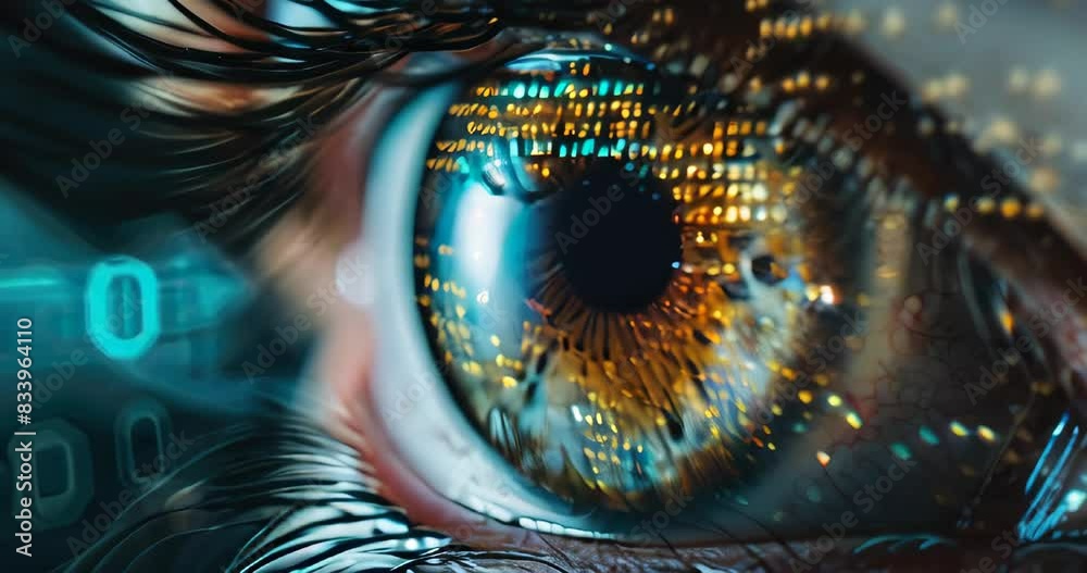 Eye with digital binary code and data visualizations in the iris ...