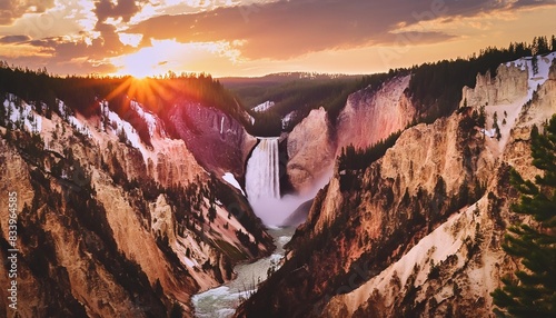 lower falls of the yellowstone national park at sunset wyoming usa