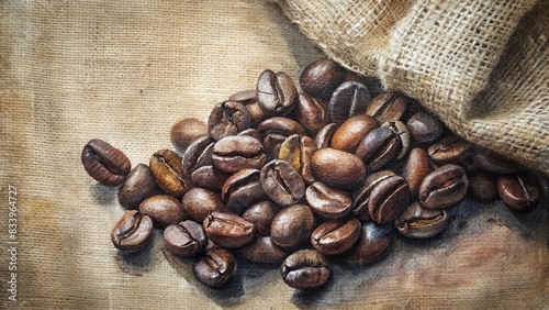 Watercolor painting of coffee beans on burlap background, coffee, beans, burlap, texture, watercolor, painting, art, rustic, natural, organic, brown, aroma, caffeine, drink, background photo