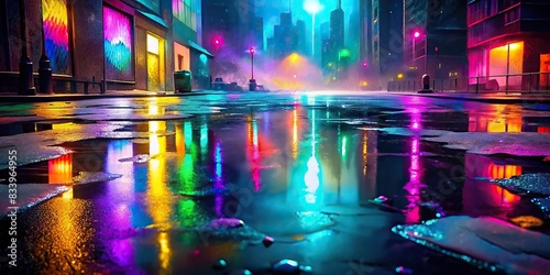 Vibrant multi-colored neon lights reflecting in puddles on a dark city street at night , neon lights, dark city, reflection, puddles, water, abstract, night background, blurred, bokeh photo