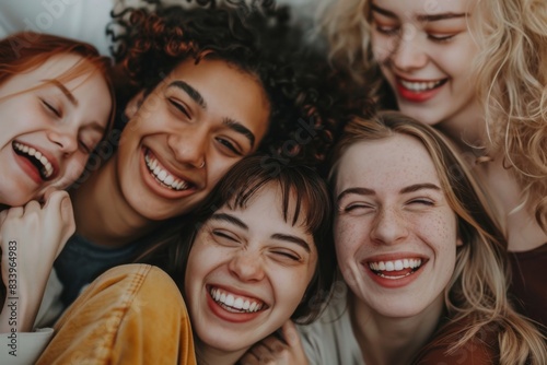 Diverse group of happy young women smiling together.