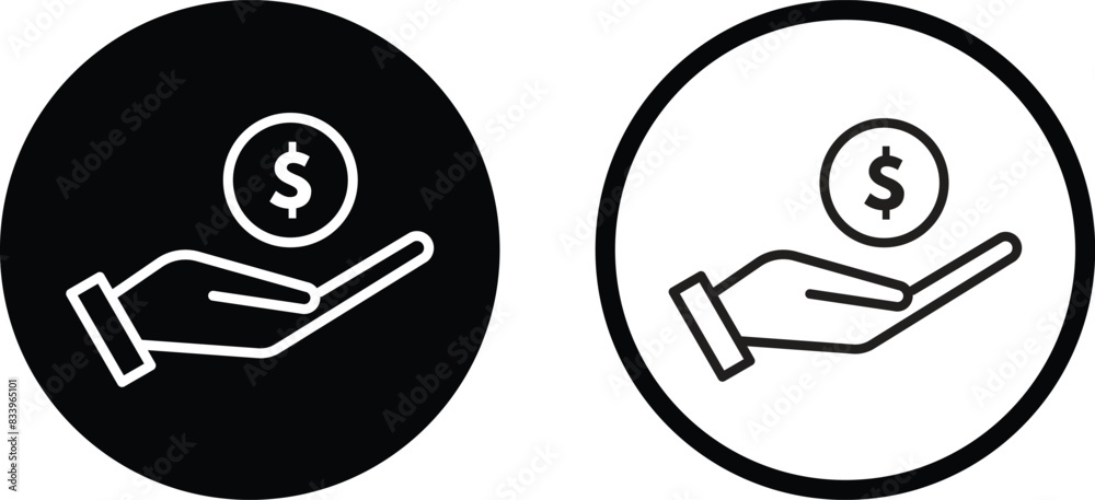 Dollar on hand icon set in two styles . Hand holding dollar icon vector . Save money icon Dollar on hand icon set in two styles . Hand holding dollar icon vector . Save money icon