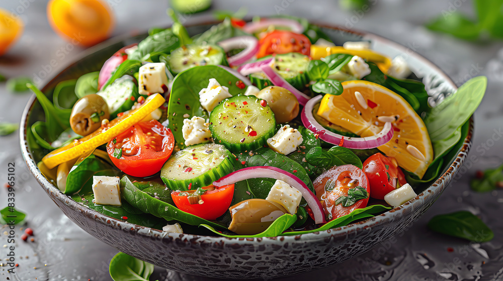Greek Spinach Salad with spinach combined with chopped cucumbers, tomatoes, red onions, olives, feta cheese, and a lemon-herb dressing. Greek Spinach Salad with spinach combined with chopped cucumbers, tomatoes, red onions, olives, feta cheese, and a lemon-herb dressing.