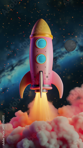 3D Realistic Cartoon Space Rocket with Smoke Featuring Pastel Colors, Rendered with Soft Lighting