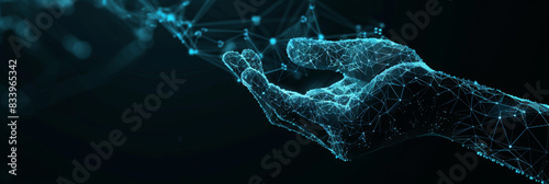 Digital hand hologram on dark background with copy space. Neural network connection. Communication with artificial intelligence.