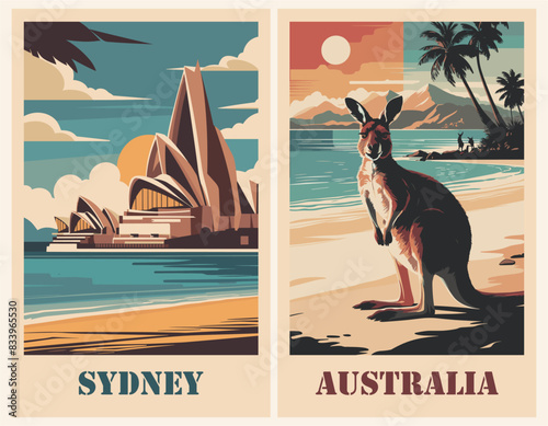 Set of Australia Travel Destination Posters in retro style. Sydney, kangaroo digital prints. Exotic summer vacation, holidays concept. Vintage vector colorful illustrations.