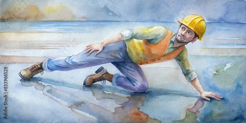 Worker slipping on wet floor at construction site , accident, work, injury, watercolor, construction, site, fall, hazard, safety, caution, risk, wet, floor, dangerous, incident, harm photo
