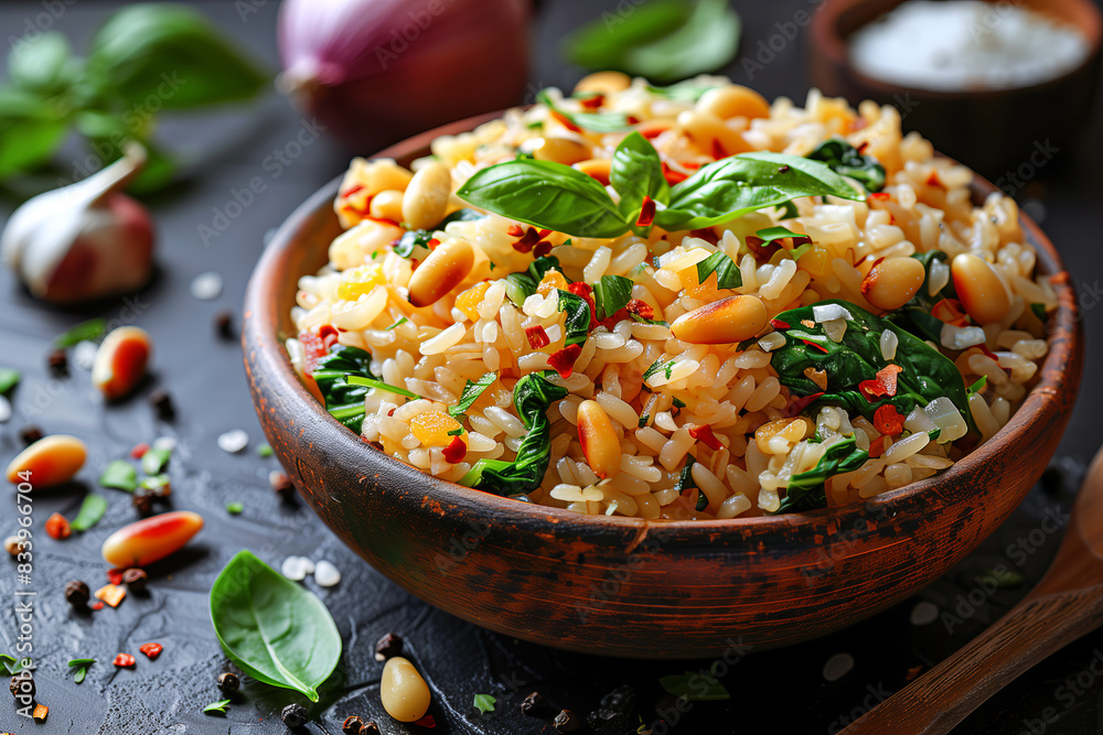 Spinach and Pine Nut Pilaf cooked with toasted pine nuts, spinach, onions, garlic, and vegetable broth. Spinach and Pine Nut Pilaf cooked with toasted pine nuts, spinach, onions, garlic, and vegetable broth.