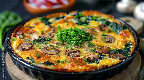 Spinach and Mushroom Frittata: Baked egg dish loaded with sautéed spinach, mushrooms, onions, and shredded cheese.