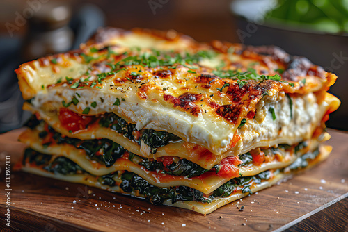 Spinach Lasagna: Layered lasagna noodles with a filling of ricotta cheese, spinach, marinara sauce, and mozzarella cheese.
