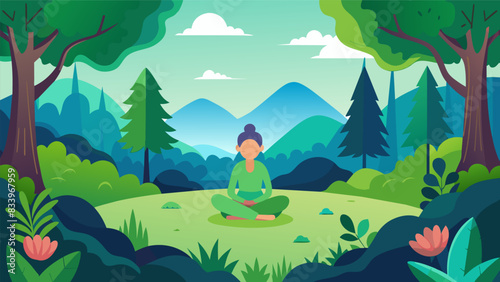 Meditative forest meditation surrounded by the sights and sounds of a lush tranquil forest.. Vector illustration