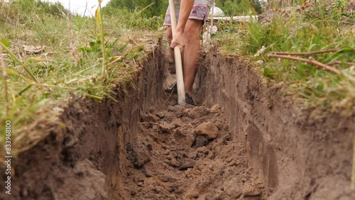 Worker Digging Trench Using Showel 