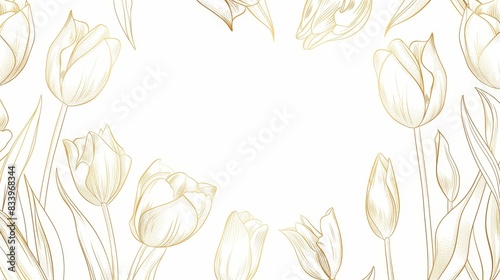 Tulips floral, luxury botanical on white background vector, empty space in the middle to leave room for text or logo, gold line wallpaper, leaves, flower, foliage, hand drawn #833968344