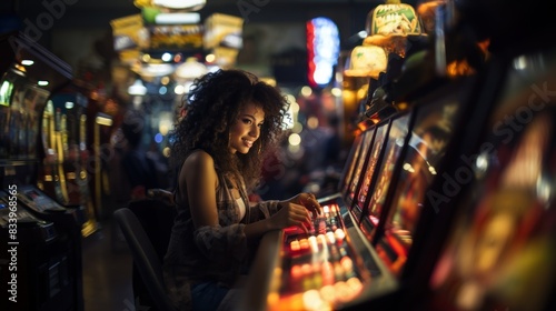 A person engages with slot machines at a casino, surrounded by colorful gaming machines and lights photo