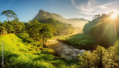 sunny morning in the mountainous jungle of the national park sem photo