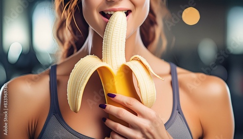 Frau mit sch  ne Fingern  gel in Fitnessstudio isst eine Banane. 