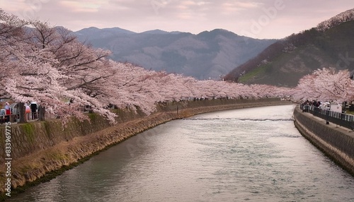 japanese springtime the row of cherry trees along the kannonjigawa river inawashiro fukushima japan late april photo