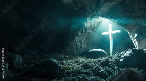 A serene image of a dark cave with light illuminating a cross, symbolizing hope, faith, and resurrection. photo