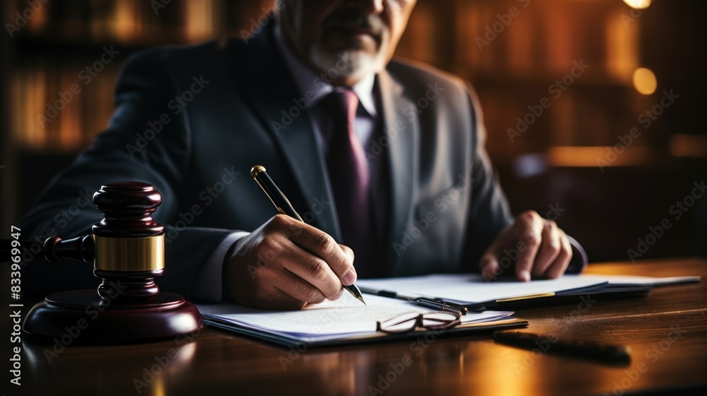 Professional lawyer or judge working in an office with blurred face, gavel and glasses on the desk Professional lawyer or judge working in an office with blurred face, gavel and glasses on the desk
