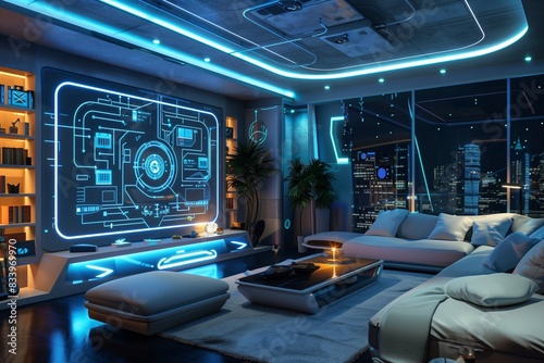 High-tech futuristic smart home living room with interactive digital walls, sleek modular furniture, and ambient lighting