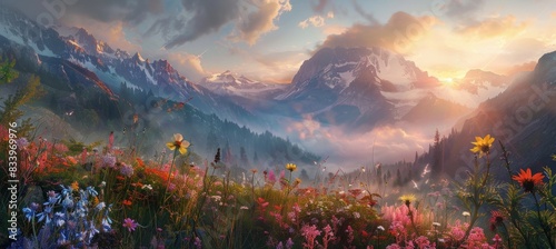 A panoramic view of the misty mountains at sunrise, with wildflowers blooming in the foreground and colorful rays piercing through clouds above Generative AI photo