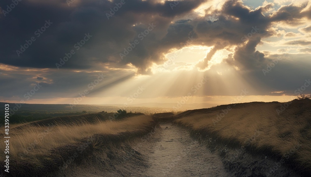 a calm clear sky visible through a break in storm clouds with rays of sunlight illuminating a path through a devastated landscape 8k
