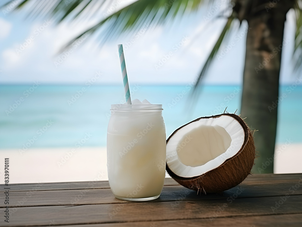A Glass of Coconut juice with green coconut, Refreshing and healthy green coconut juice with ice in a glass with a summer background A Glass of Coconut juice with green coconut, Refreshing and healthy green coconut juice with ice in a glass with a summer background