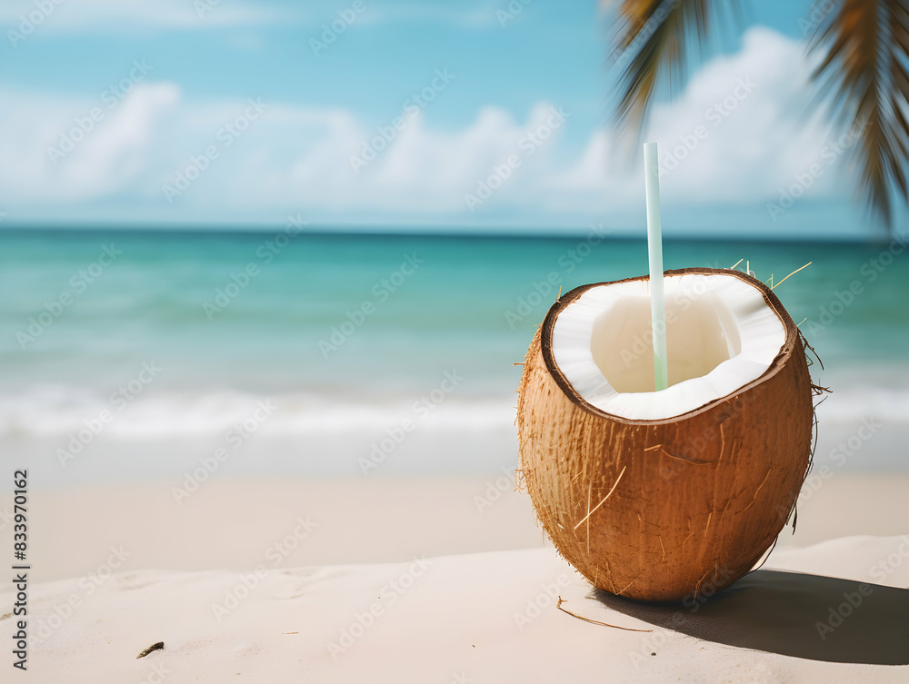 A Glass of Coconut juice with green coconut, Refreshing and healthy green coconut juice with ice in a glass with a summer background A Glass of Coconut juice with green coconut, Refreshing and healthy green coconut juice with ice in a glass with a summer background