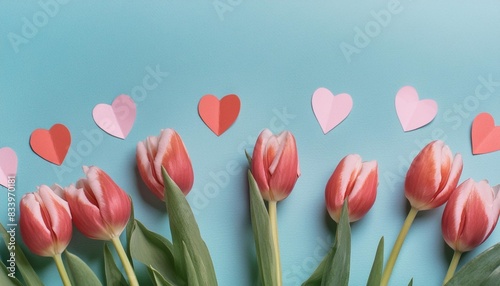 spring background of tulip flowers and paper hearts on a blue background #833970181