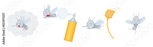 Funny Mosquito Character Parasitic Insect with Sting Vector Set
